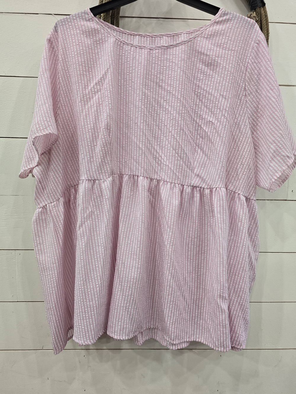 SHEIN Light Pink Striped Peplum Short Sleeve Blouse